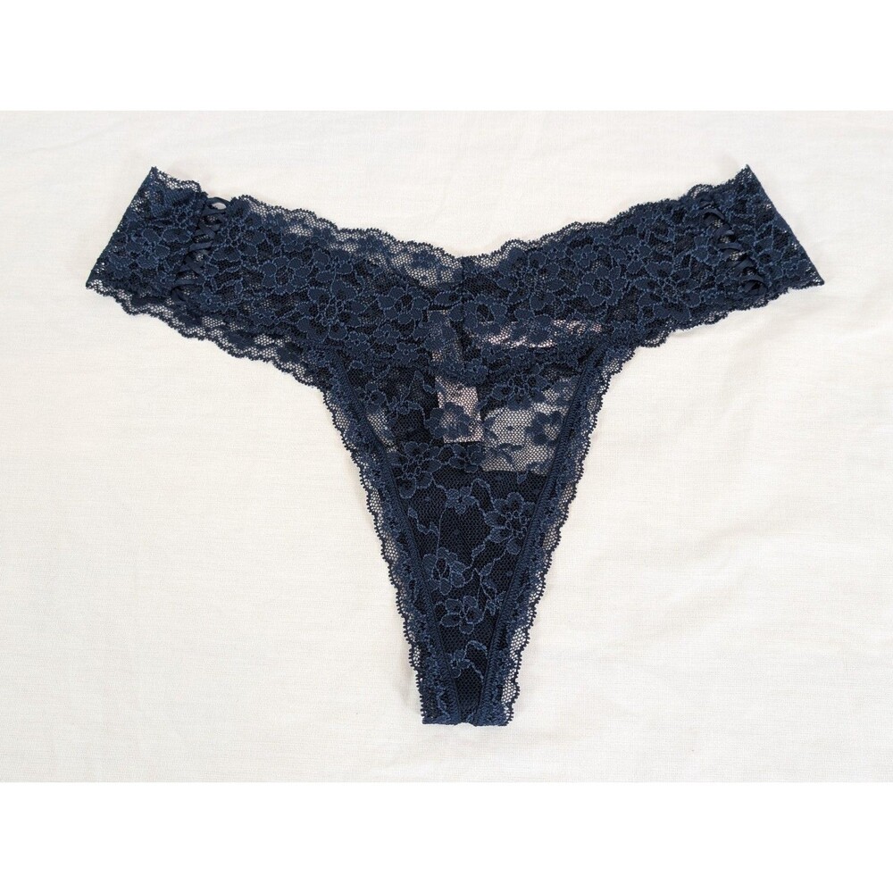 Victoria's Secret The Lacie Lace-Up Thong Panty Navy Floral Lace M New NWT